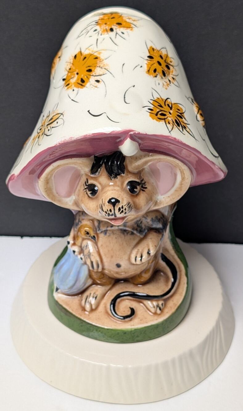 Vtg Mushroom Mouse Piggy Bank 1974 Hand-Painted Ceramic 9" Cottage Table Decor